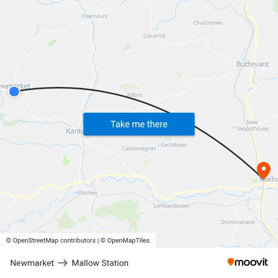 Newmarket to Mallow Station map