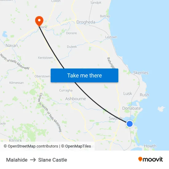 Malahide to Slane Castle map