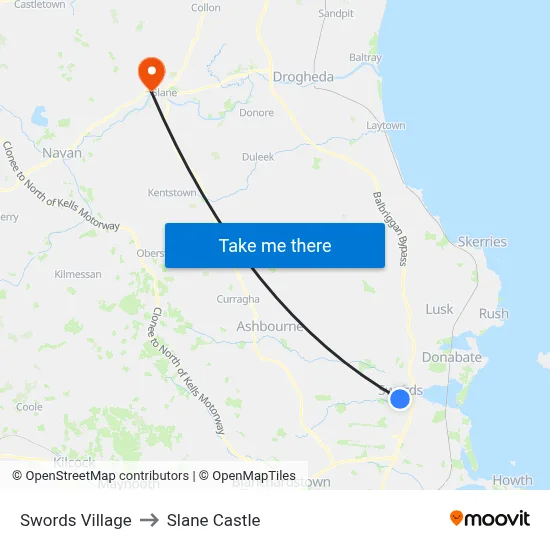 Swords Village to Slane Castle map