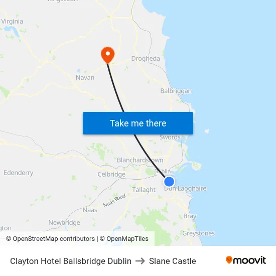 Clayton Hotel Ballsbridge Dublin to Slane Castle map