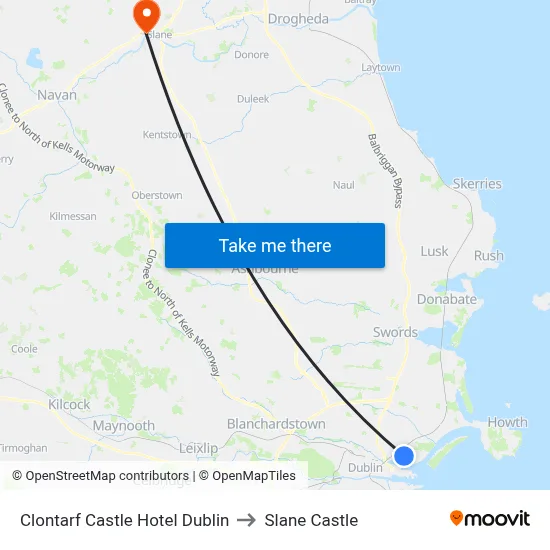 Clontarf Castle Hotel Dublin to Slane Castle map