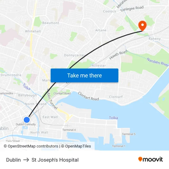 Dublin to St Joseph's Hospital map