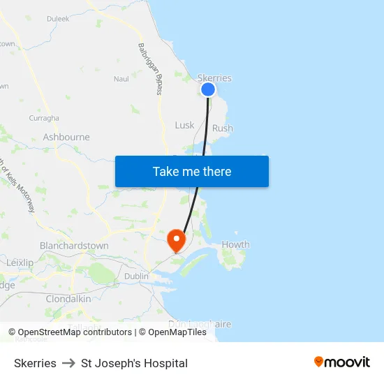 Skerries to St Joseph's Hospital map