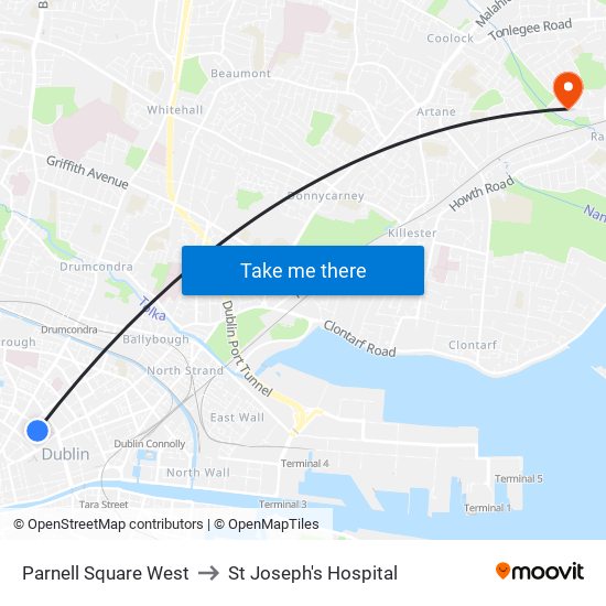 Parnell Square West to St Joseph's Hospital map