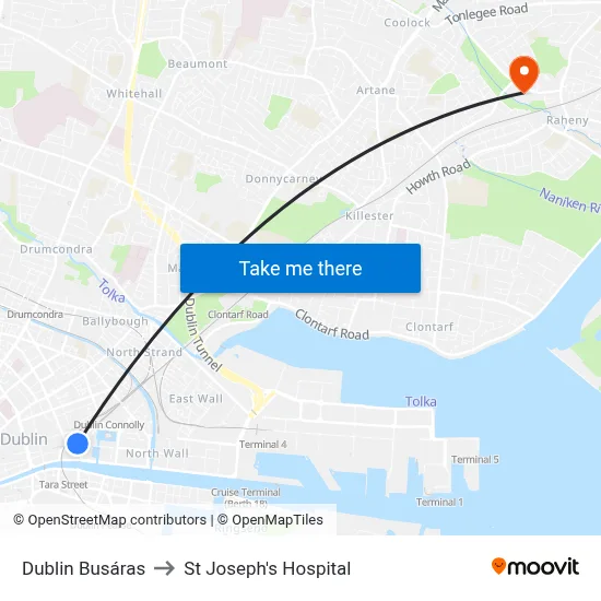 Dublin Busáras to St Joseph's Hospital map