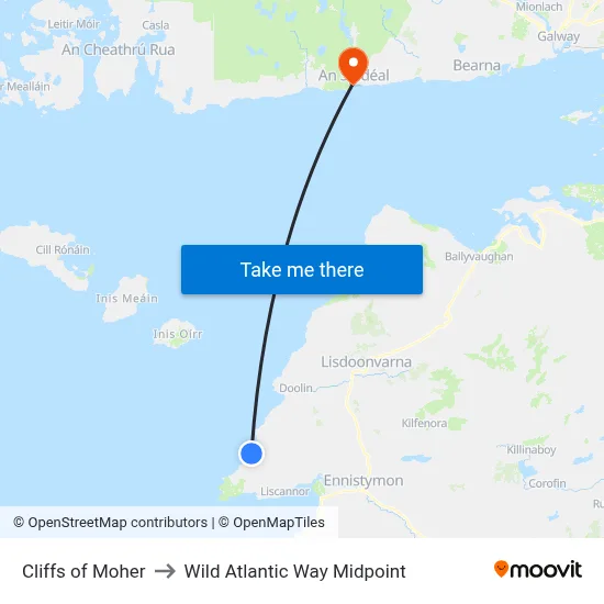Cliffs of Moher to Wild Atlantic Way Midpoint map