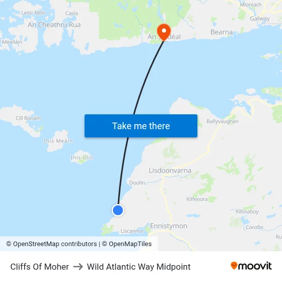 Cliffs Of Moher to Wild Atlantic Way Midpoint map