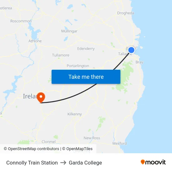 Connolly Train Station to Garda College map