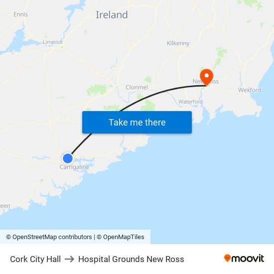 Cork City Hall to Hospital Grounds New Ross map