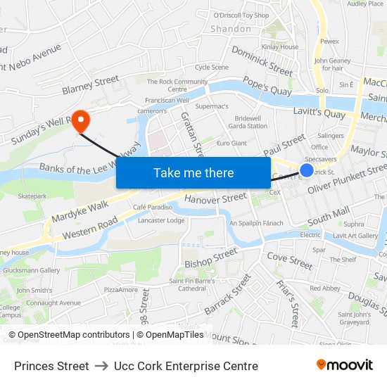 Princes Street to Ucc Cork Enterprise Centre map