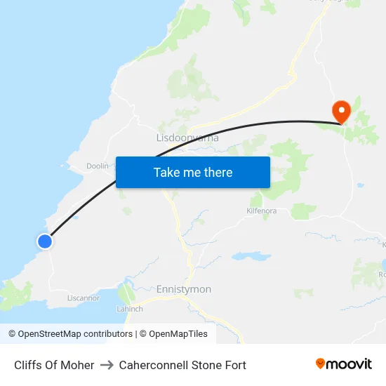 Cliffs Of Moher to Caherconnell Stone Fort map