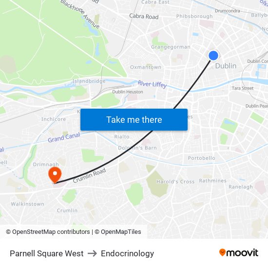 Parnell Square West to Endocrinology map
