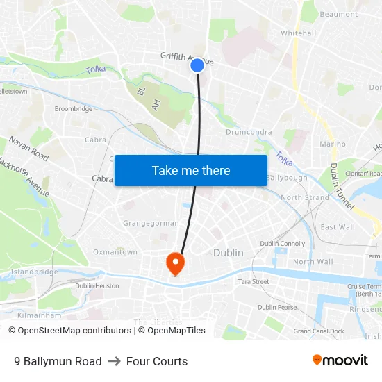 9 Ballymun Road to Four Courts map