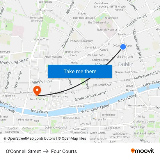 O'Connell Street to Four Courts map