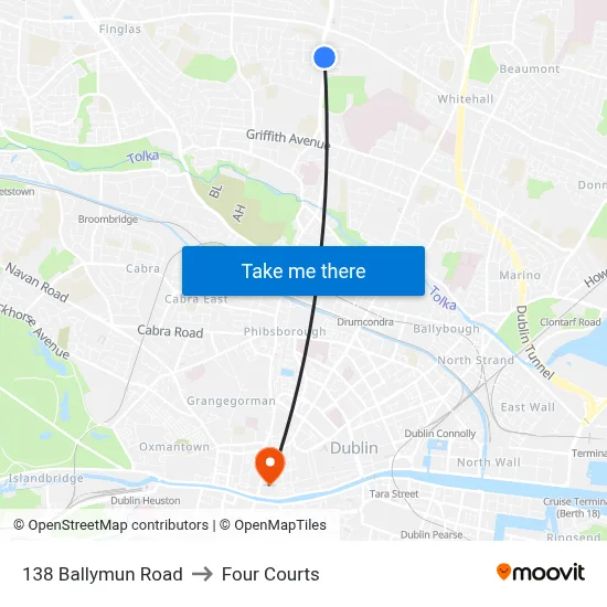 138 Ballymun Road to Four Courts map