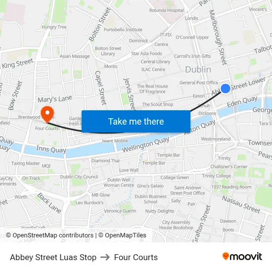 Abbey Street Luas Stop to Four Courts map