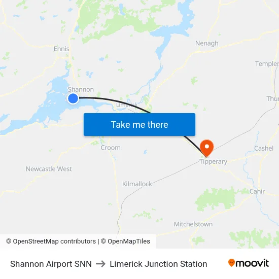 Shannon Airport SNN to Limerick Junction Station map