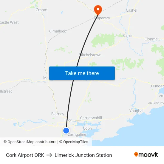 Cork Airport ORK to Limerick Junction Station map