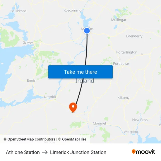 Athlone Station to Limerick Junction Station map