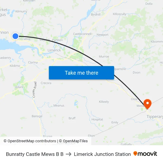 Bunratty Castle Mews B B to Limerick Junction Station map