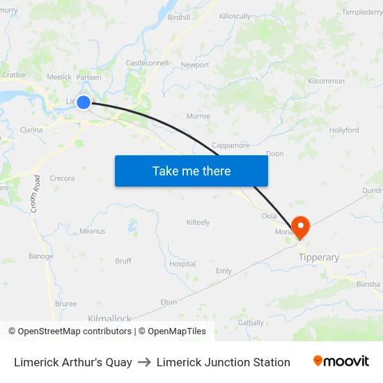 Limerick Arthur's Quay to Limerick Junction Station map