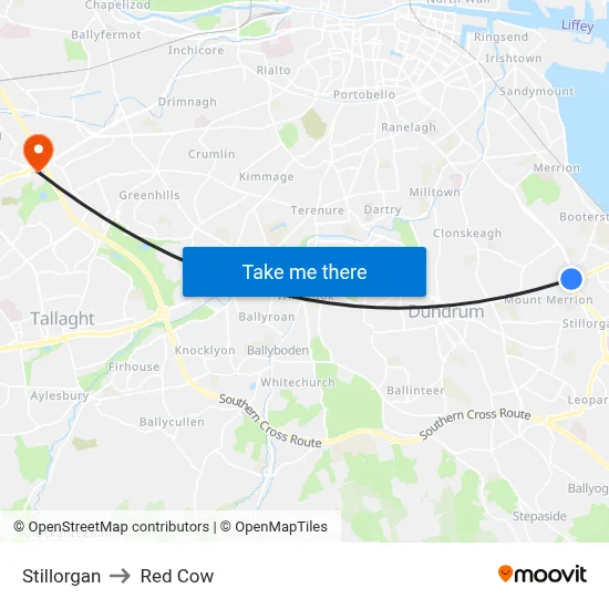 Stillorgan to Red Cow map