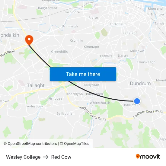 Wesley College to Red Cow map