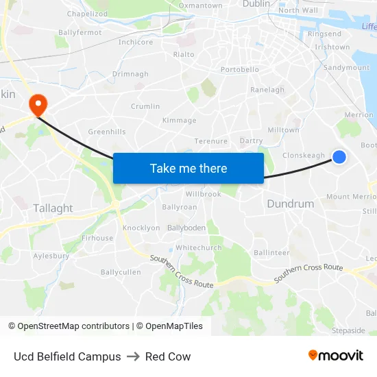 Ucd Belfield Campus to Red Cow map