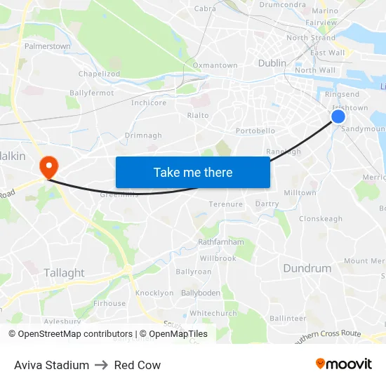 Aviva Stadium to Red Cow map