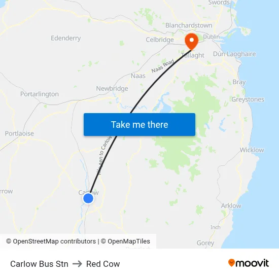 Carlow Bus Stn to Red Cow map