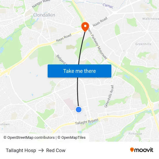 Tallaght Hosp to Red Cow map