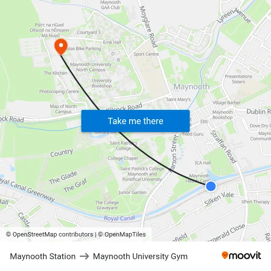 Maynooth Station to Maynooth University Gym map