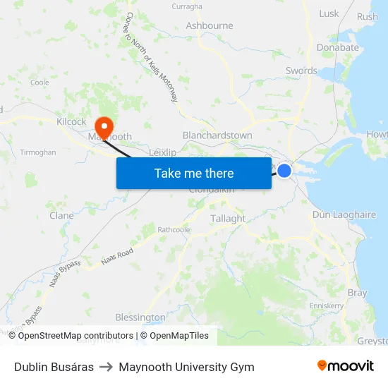 Dublin Busáras to Maynooth University Gym map