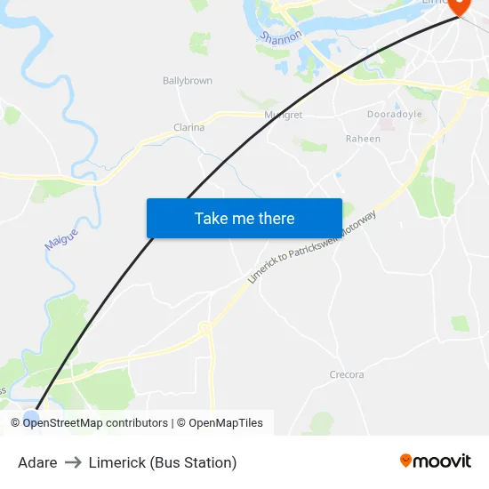 Adare to Limerick (Bus Station) map