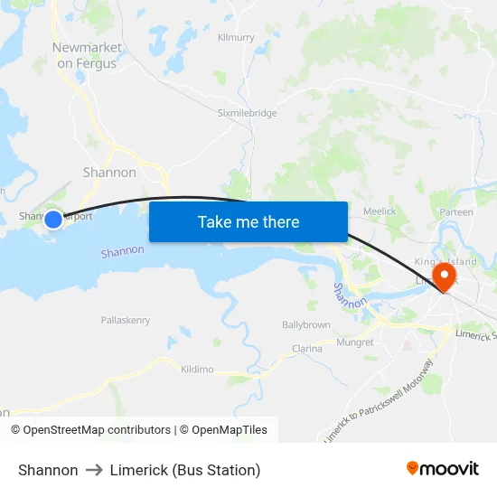 Shannon to Limerick (Bus Station) map