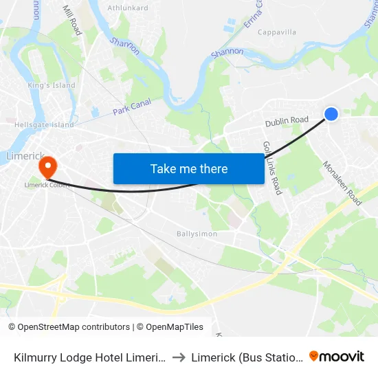 Kilmurry Lodge Hotel Limerick to Limerick (Bus Station) map