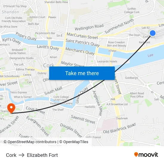 Cork to Elizabeth Fort map