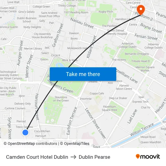 Camden Court Hotel Dublin to Dublin Pearse map