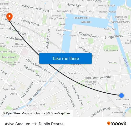 Aviva Stadium to Dublin Pearse map