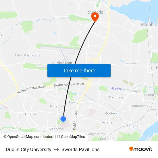 Dublin City University to Swords Pavillions map