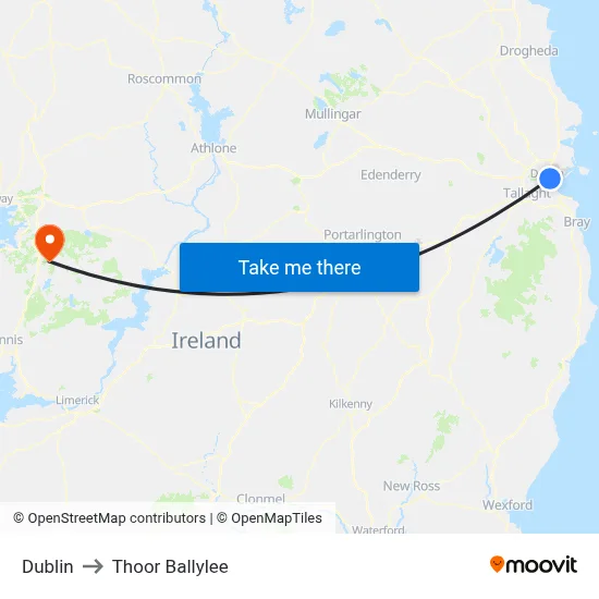 Dublin to Thoor Ballylee map