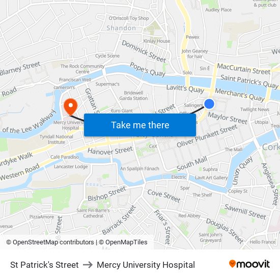 St Patrick's Street to Mercy University Hospital map