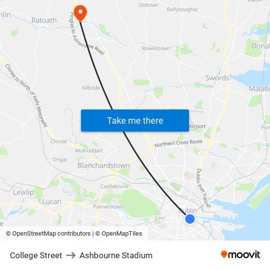 College Street to Ashbourne Stadium map