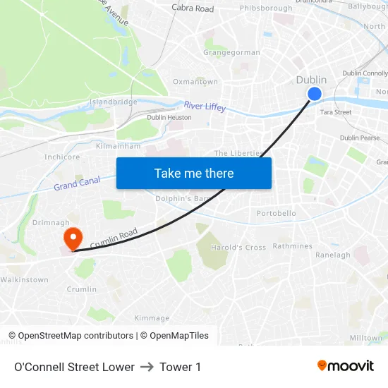 O'Connell Street Lower to Tower 1 map