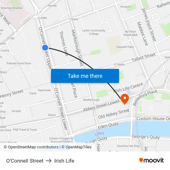 O'Connell Street to Irish Life map
