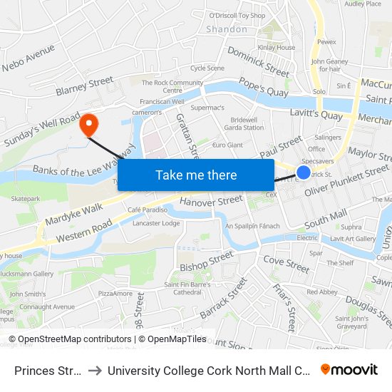 Princes Street to University College Cork North Mall Campus map