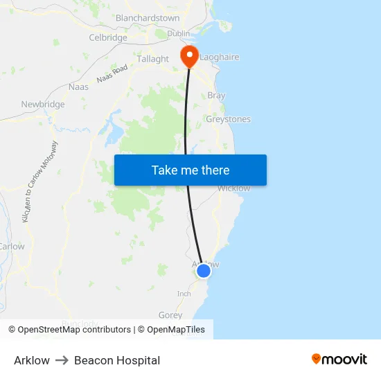 Arklow to Beacon Hospital map