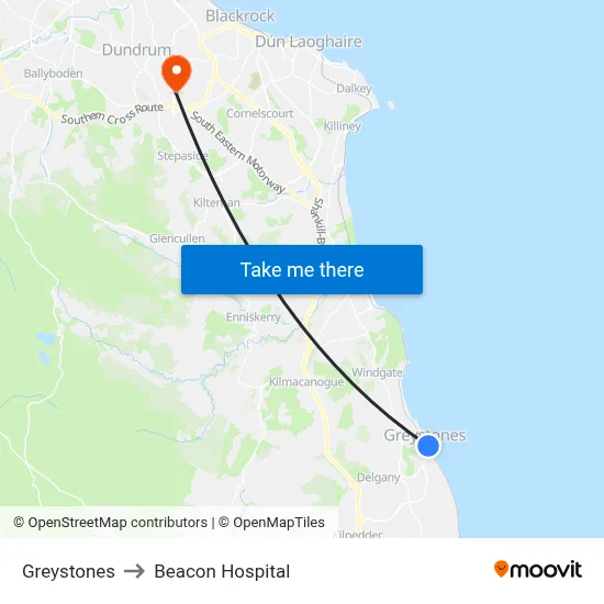 Greystones to Beacon Hospital map