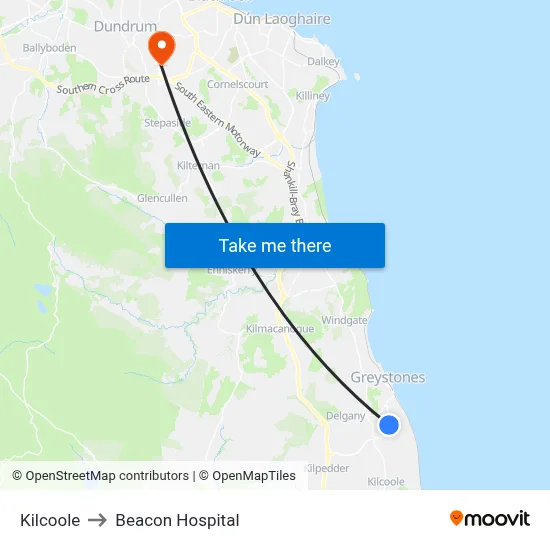 Kilcoole to Beacon Hospital map