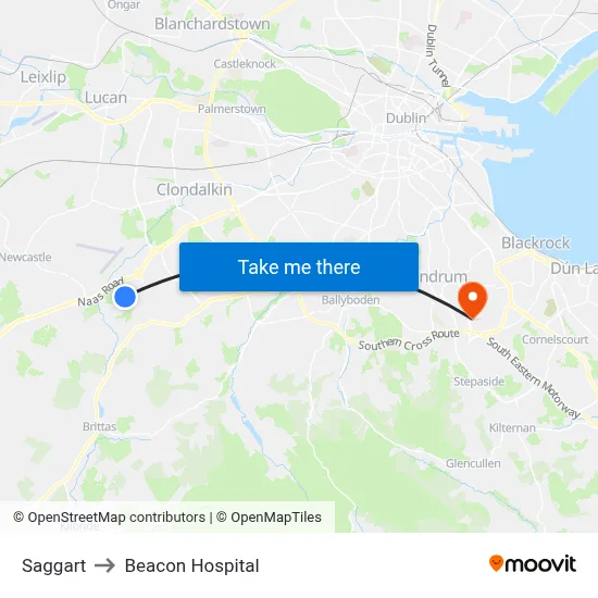 Saggart to Beacon Hospital map